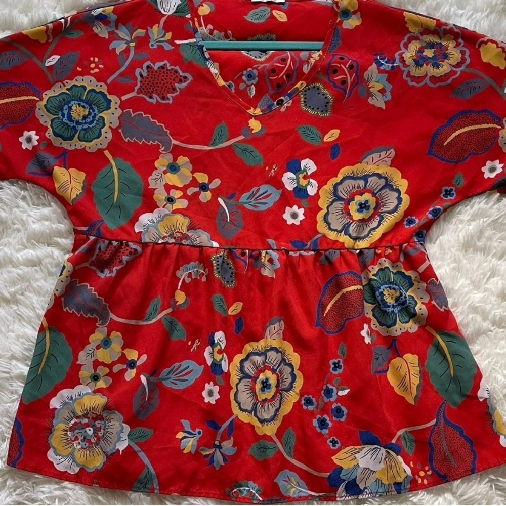 Jodifl Red‎ Floral Peplum Blouse Cottagecore Boho Summercore Retro Size M - Picture 5 of 11